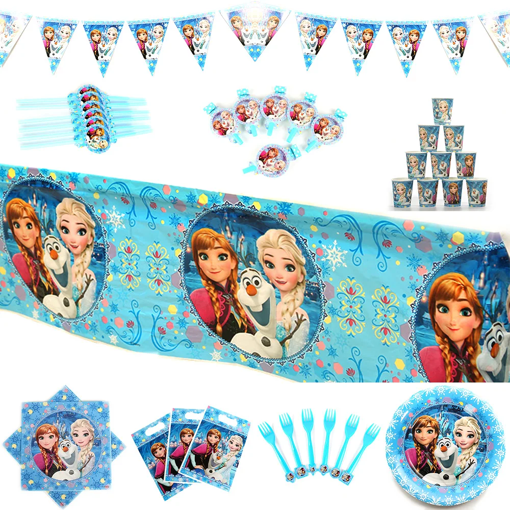 Disney Frozen Elsa and Anna Princess Theme Happy Birthday Party Decorations Kids Girl Party Supplies Decoration Tableware Set