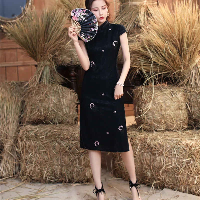 

Traditional Sexy Embroidery Chinese Chiffon Cheongsam Women's Mandarin Collar Qipao Dress Size M-3XL