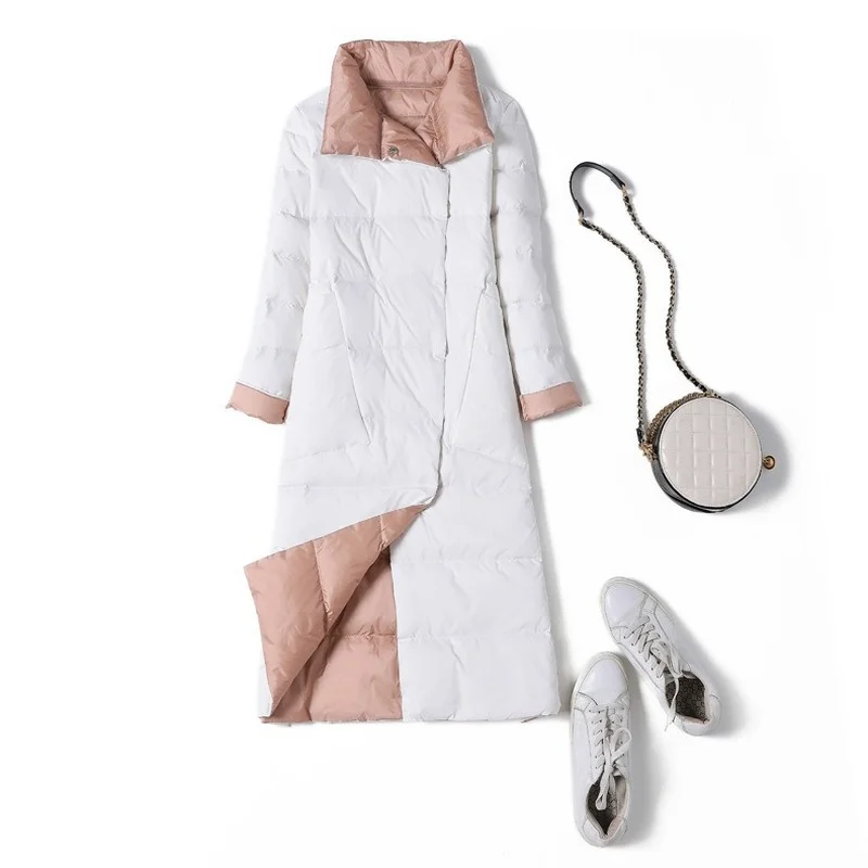 

2021Autumn and Winter White Duck Down Jacket Women's Mid-length Stand-up Collar Double-sided Cross-knee Jacket Women Coats