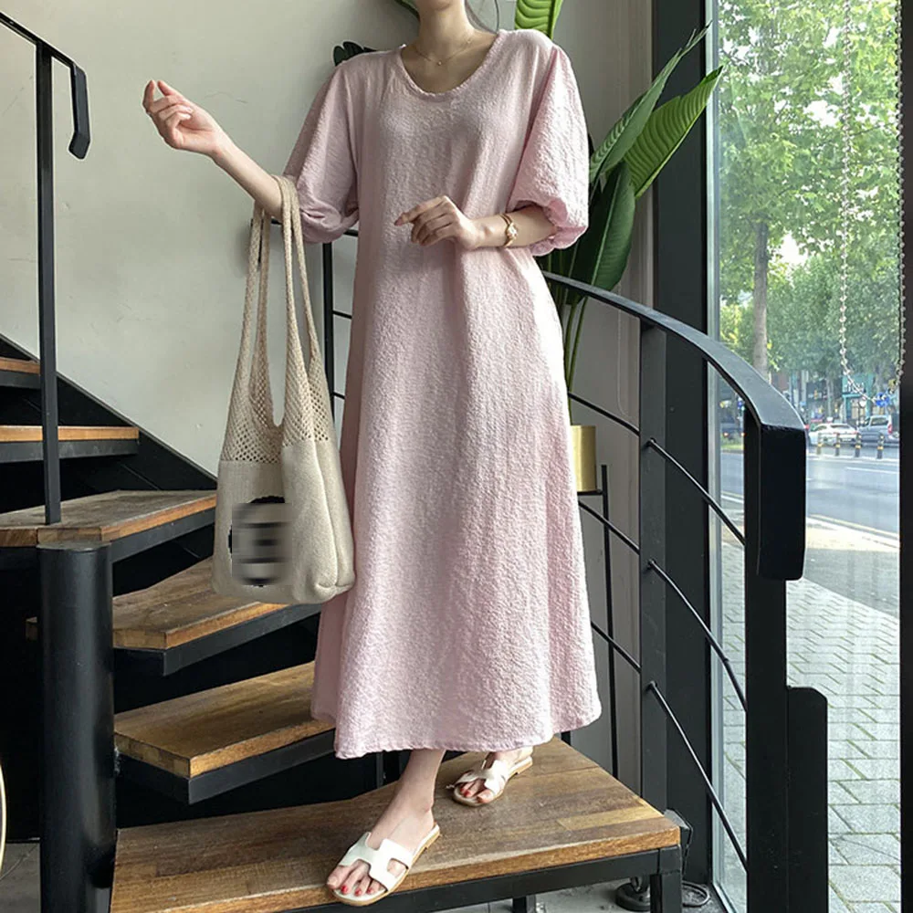 

Korean Fashion Summer Dress Solid Color Loose Casual Thin Temperament Simple Popular Round Neck Lantern Sleeve 2021