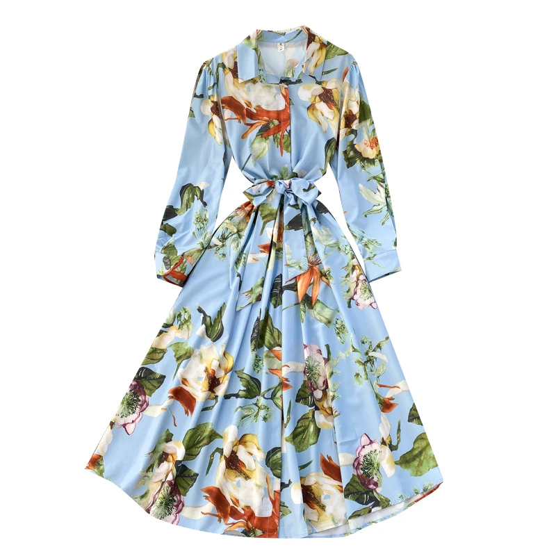 

Women Fashion Print Dress Retro Turndown-Collar Lace Up Button A-line Dress 2021 Spring Bohemian Casual Long Dresses