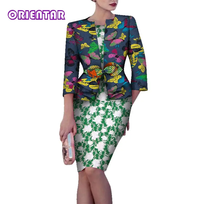2020 Elegant Women African Dress with Coat Bazin Riche African Print Cotton African Lace Dress Lady Office Short Dresses WY5944