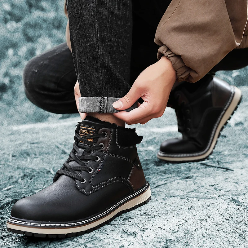 

Winter Men Boots Thick Plush Warm Male Snow Boots outdoor Man Ankle Boots lace up Waterproof Non-slip Man boots with fur