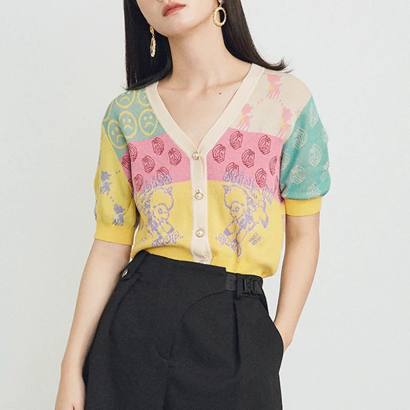 

Women Fashion Jacquard Cropped Knit Cardigan Sweater Vintage V Neck Short Sleeve Female Outerwear Chic Tops