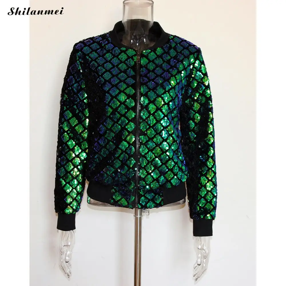 

2019 Fashion Plus Size Jacket Women Vintage Green Sequin Women Jacket Autumn Winter Sparkly Ladies Streetwear Bling Jacket Coat