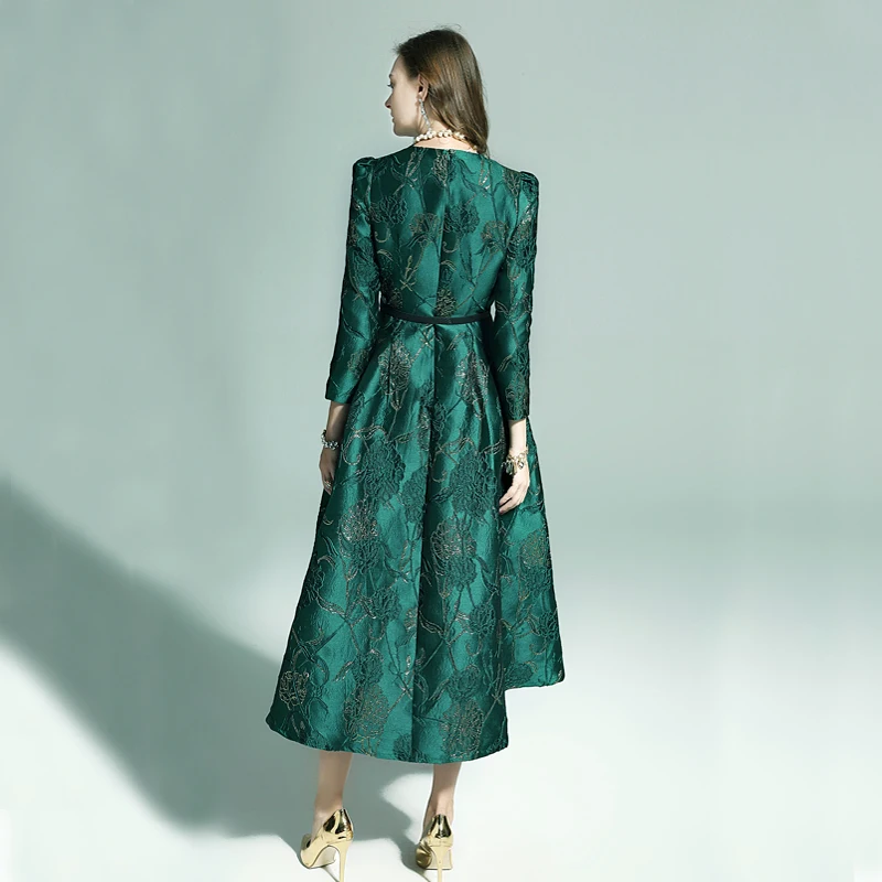 Vestidos женское модное осенне-зимнее платье с длинными рукавами Вечерние Платья с цветочным рисунком элегантное жаккардовое платье в стиле знаменитостей ласточкин хвост платье