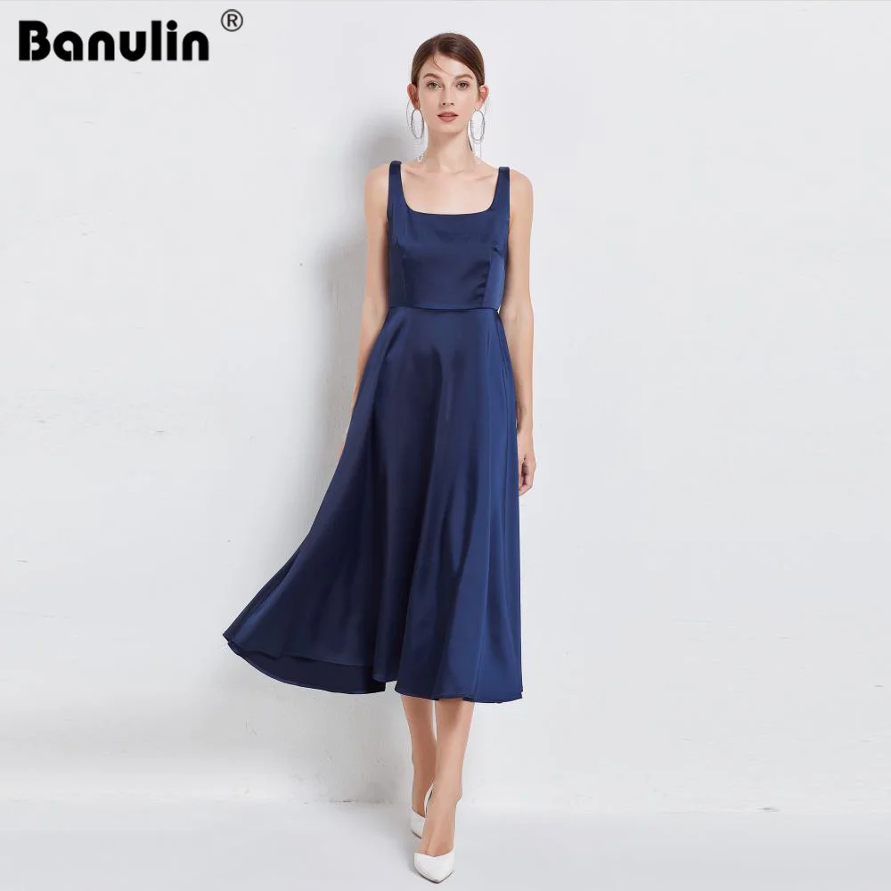 

Banulin 2021 Summer Runway Blue Satin Tank Dress Women's Square Collar Sleeveless Backless Elegant Party Midi Dress With Belt