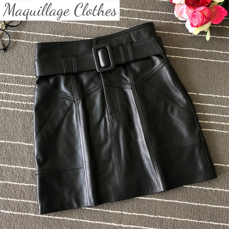 

Chic women's belt leather skirt 2021 Autumn real leather A-line skirt A685