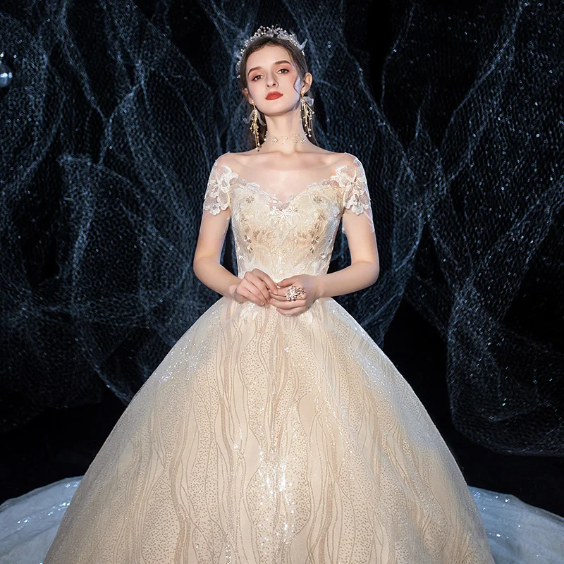 Wedding Dress Luxury Sequins Champagne Court Train Ball Gown Princess Cut-out Dresses Vestido De Noiva Custom Size | Свадьбы и