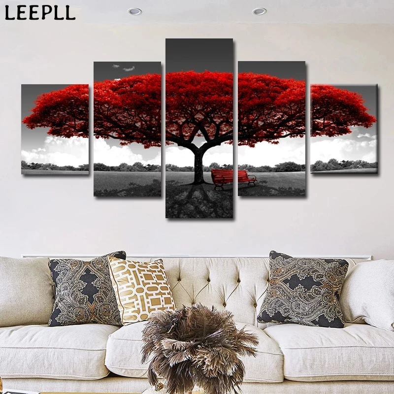 Абстрактная картина маслом с красным деревом 5 шт. печать на холсте плакаты и