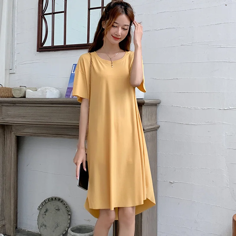 

Plus Short-sleeved Nightdress Knitted Round Neck Dress Home Dress Simple Women 's Loose Solid Color Summer Pinstripe Large Size