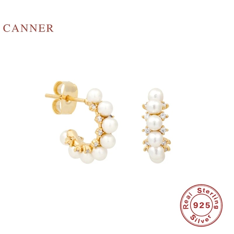 

CANNER 925 Sterling Silver Earrings For Women Half Round Diamond Pearl Stud Earrings Zircon Korean Pendientes Gold Jewelry