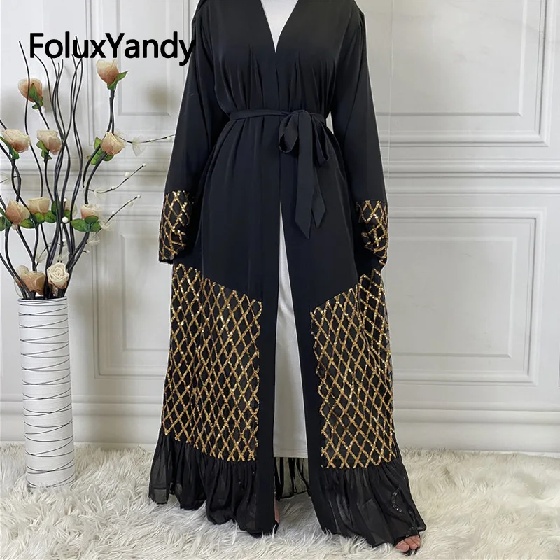 

FoluxYandy Sequins Women Muslim Abaya Sashes V Neck Loose Embroidery Dubai Islam Turkey Long Abaya Chiffon Vestidos CMCN104