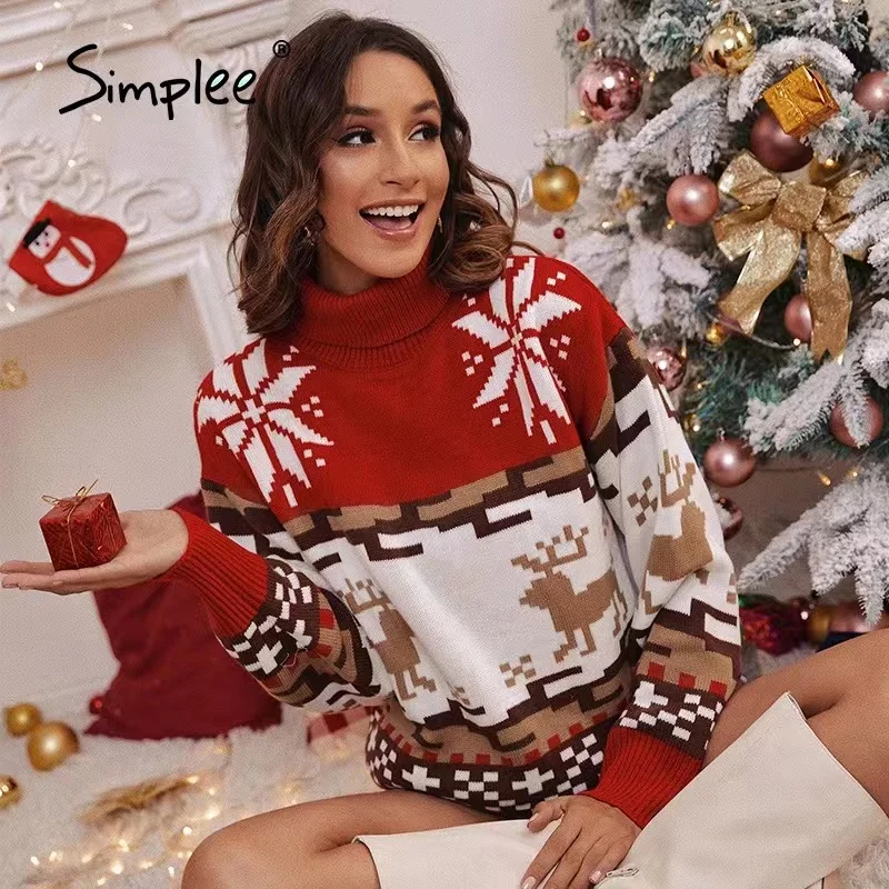 

Simplee Christmas turtleneck autumn winter sweater women Vintage long sleeve animal female pullover red Fashion lady jumper 2021