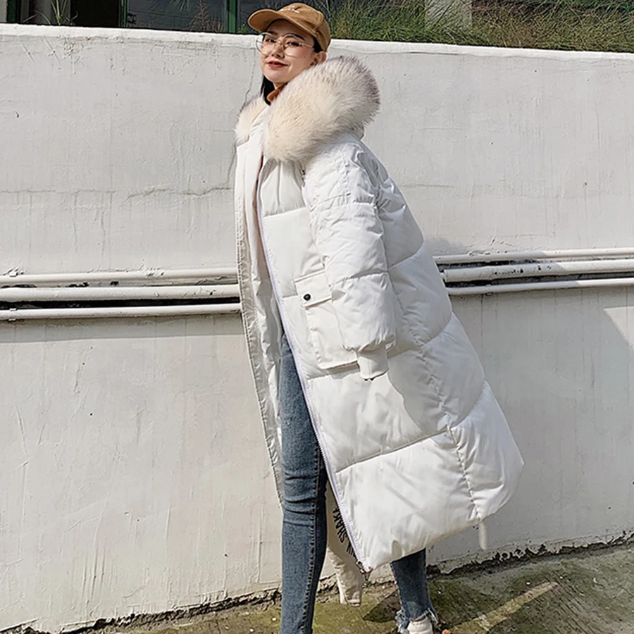 Solid Fur Hooded Long Down Coat Women Harajuku Winter Loose Windproof Thicken Down Jackets Female Korean Plus Size Parka Coats