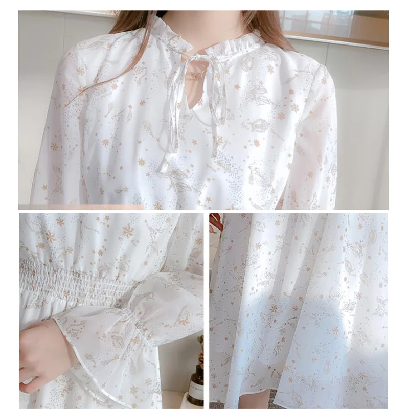 

2021 new crushed flower chiffon dress women's spring and autumn Korean version of the horn sleeve collar dress lady