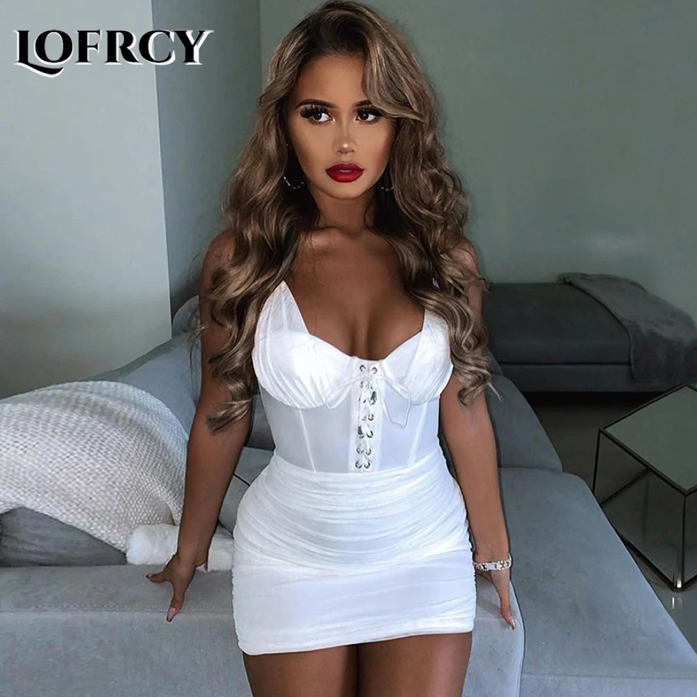 

Lofrcy белый прозрачный сетчатый верхний слой с рюшами корсет на шнуровке спереди мини-платье с воротником хомутом пикантное облегающее вечер...