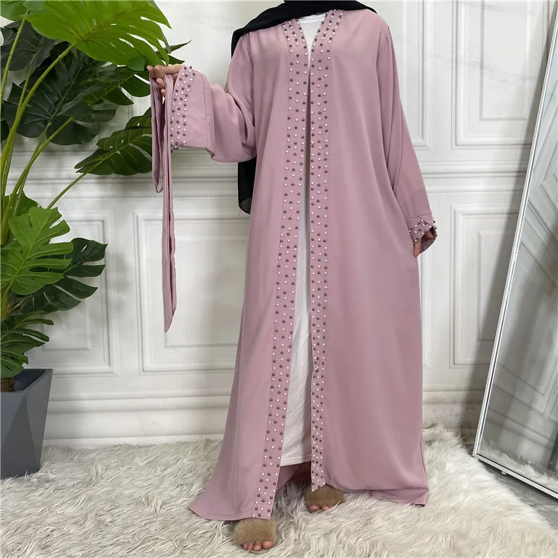 Mandylandy Arab Turkey Kimono Abaya Women Middle East Fashion Elegant Beaded Muslim Robe Gown Dress Lace-up Cardigan Robe Caftan