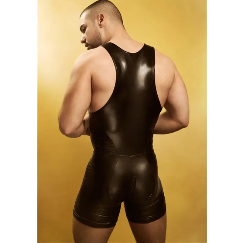 

Men Lingerie Bodysuit Black Sexy Wetlook Faux Leather Zipper Open Bust Stretch Tight Erotic Catsuit Fetish Gay Costumes Clubwear