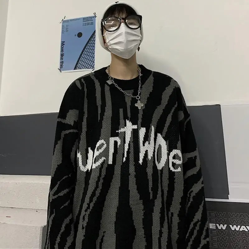 

Winter Medium Length Knitted Sweater Loose Zebra Print Letter Pullover Sweatshirts Hip Hop Street Style Oversized Pattern ST035