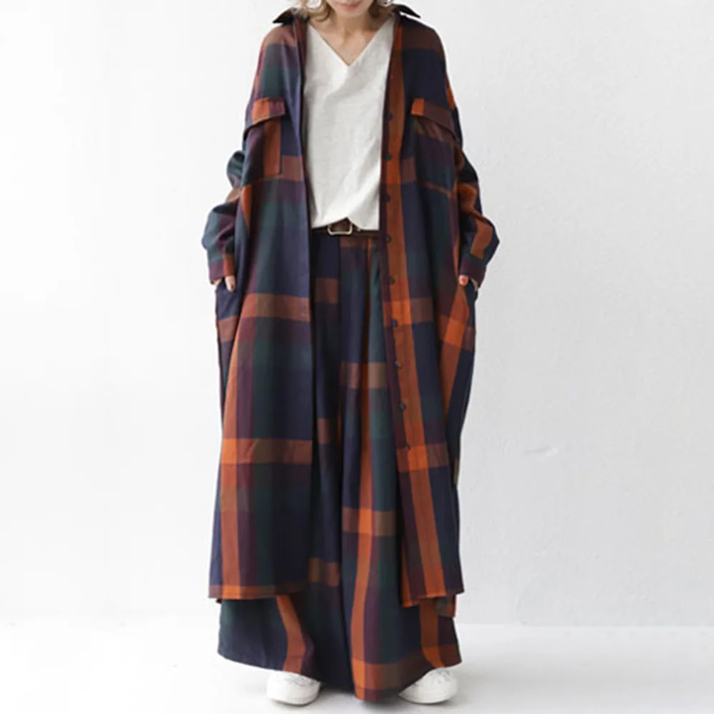 Комплект из двух предметов клетчатая Женская Длинная блузка рубашки широкие