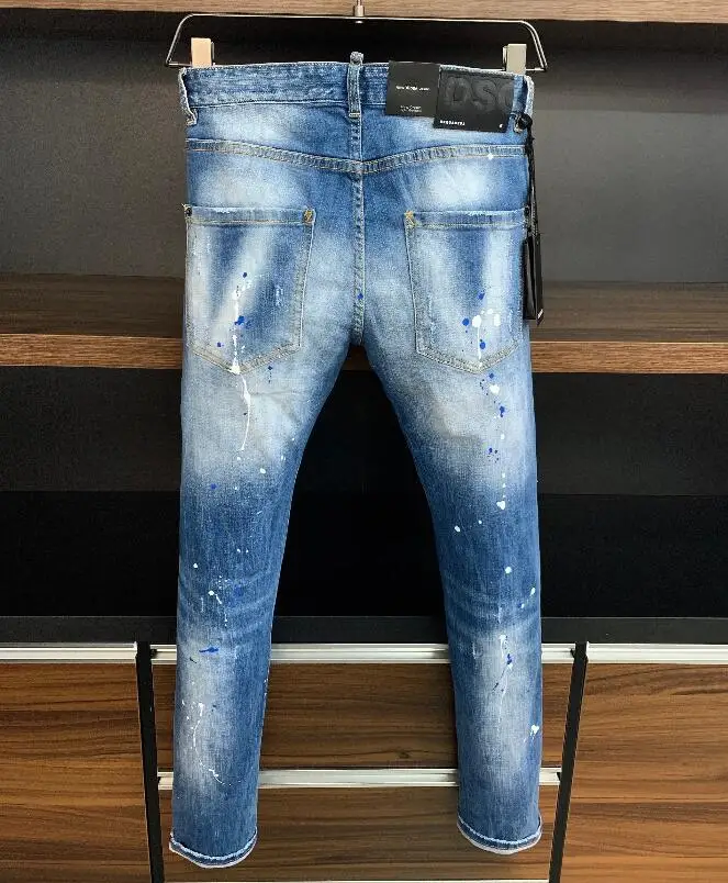 men jeans Authentic Classic Dsquared2 Mens Stretch Paint Ripped Holes Skinny Jeans, Blue Stitching Skinny Jeans, 9807