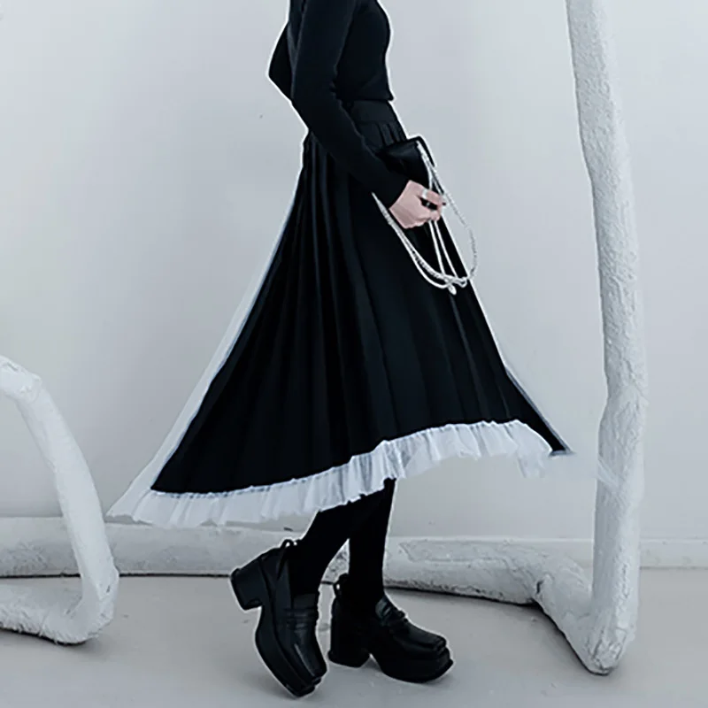 

SHENGPALAE Personality Patchwoek Mesh Skirt Women's Spring 2021 New High Waist Irregular Pleated Organ Knee-length Skirt Female