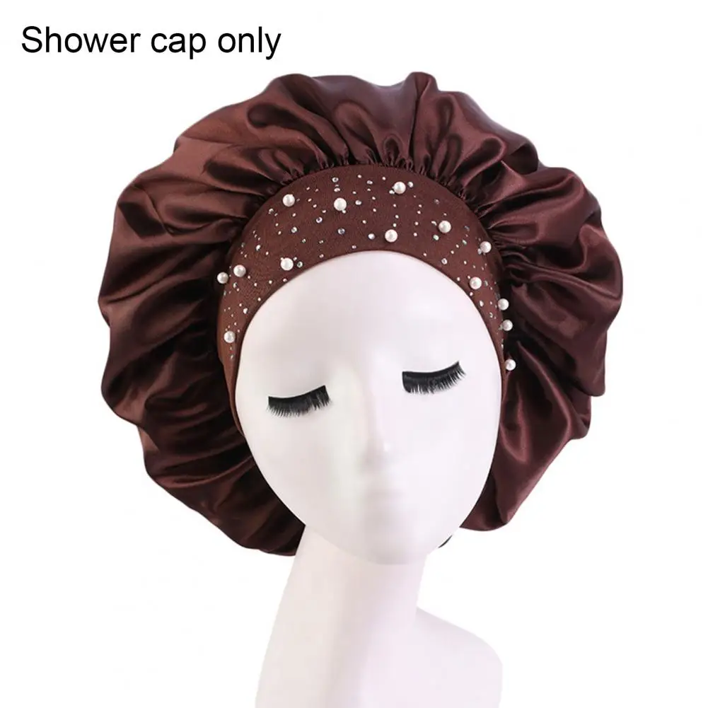 

NewGypsophila Elastic Wide Brim Imitation Silk Night Cap Skin-friendly Breathable Women Sleeping Hat Shower Cap Hair Care Cap
