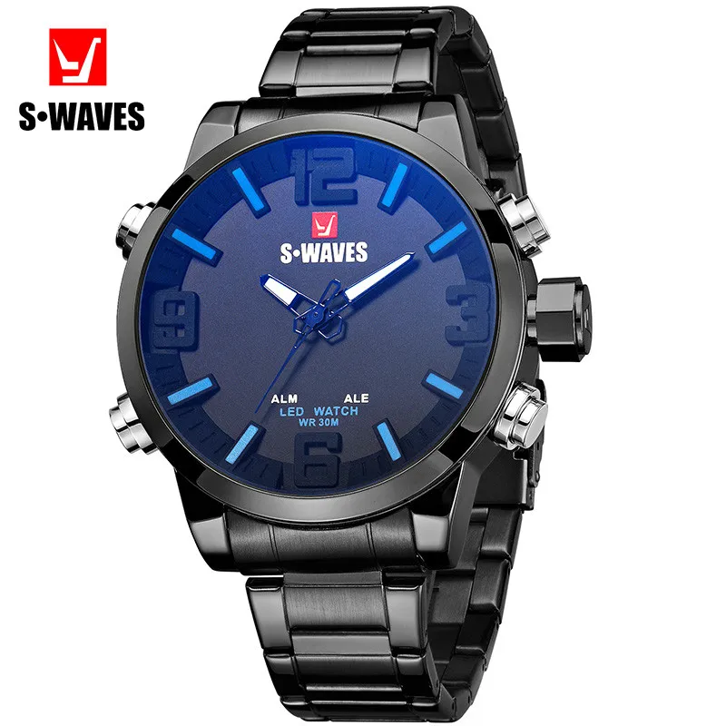 

S WAVES brand fashion trend casual dual display LED Japan imported movement steel band quartz men's watch