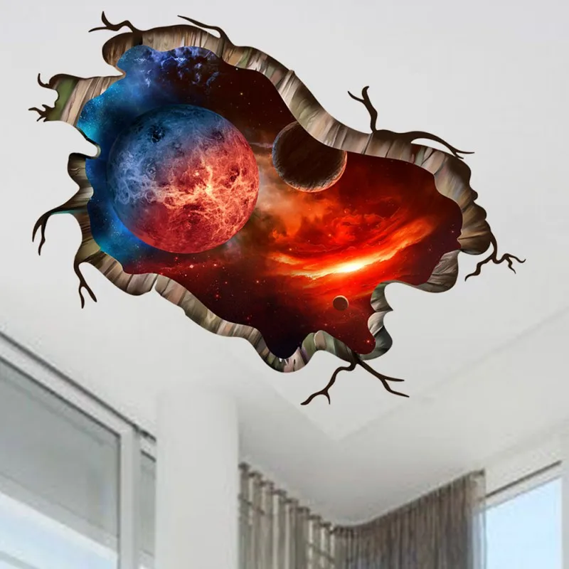 

ZL Three-Dimensional 3D Broken Wall Universe Planet Wall Stickers Room Background Wall Ceiling Floor Stickers PVC Self-Adhesive