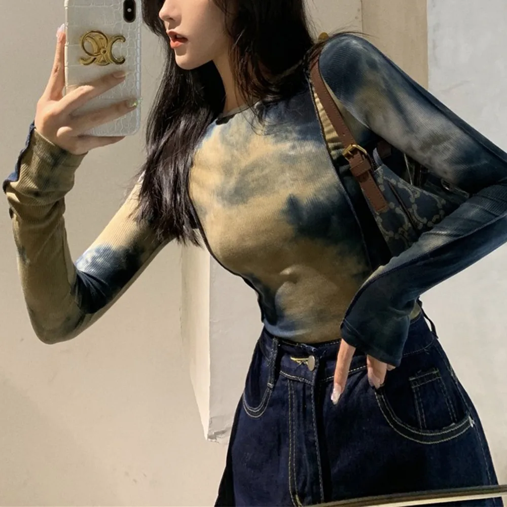 

Sexy Harajuku Slim T Shirt Women Tie Dye Print Long Sleeve Tops Korean Style Tshirts Vintage Streetwear Skinny Tee Top New
