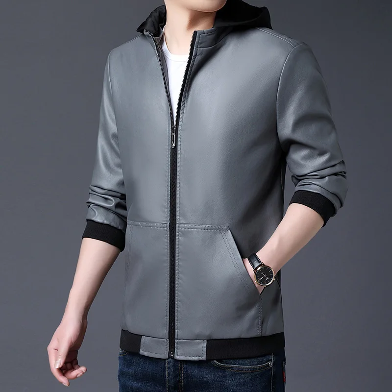 

2021 Men's Autumn Hooded Leather Clothing with Stand Collar New Casual PU Leather Jacket