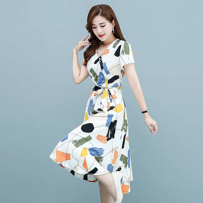 

Dress Women Vintage Point Sexy V-neck Dots and scribble squares Summer Slim A-line Korean Style Party Holiday Beachwear Fashion
