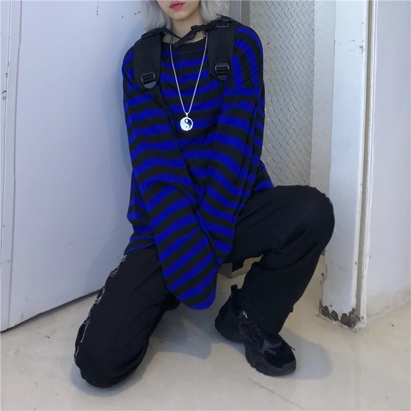 Lychee Harajuku цветная женская футболка с длинным рукавом и круглым вырезом Женская футболка синие и черные осенние женские футболки в полоску