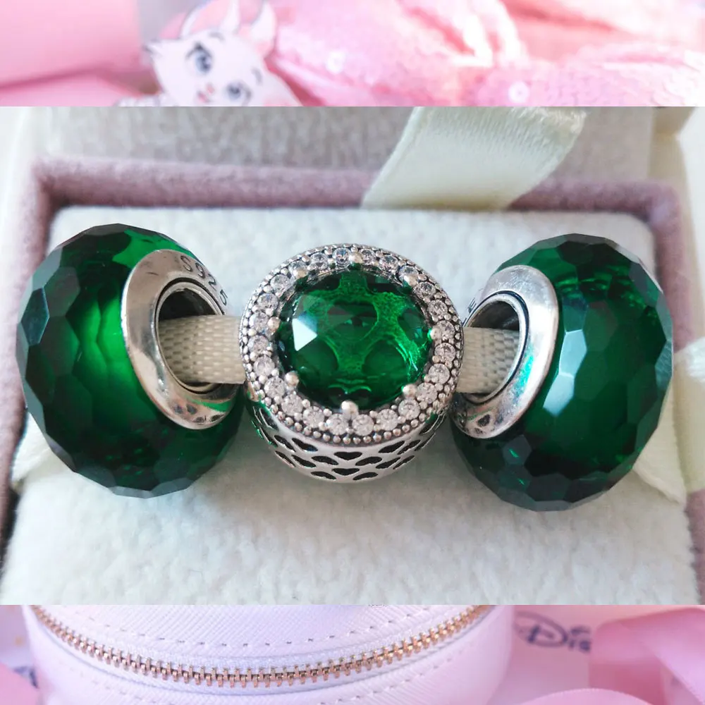 

Женская серебряная подвеска и сияющее сердце, подарочный набор бусин, подходит для всех европейских ювелирных изделий Pandora, сияющий зеленый