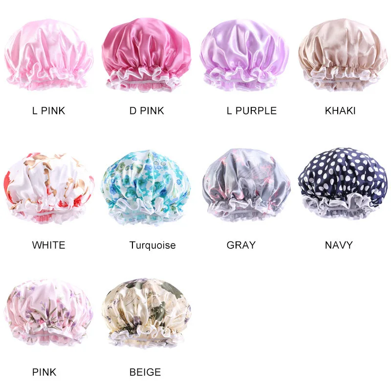 

New Waterproof Hair Caps Satin Bath Hair Cover Women Double Layer Bathing Hat Salon Make Up Thick Hair Styling Headwear