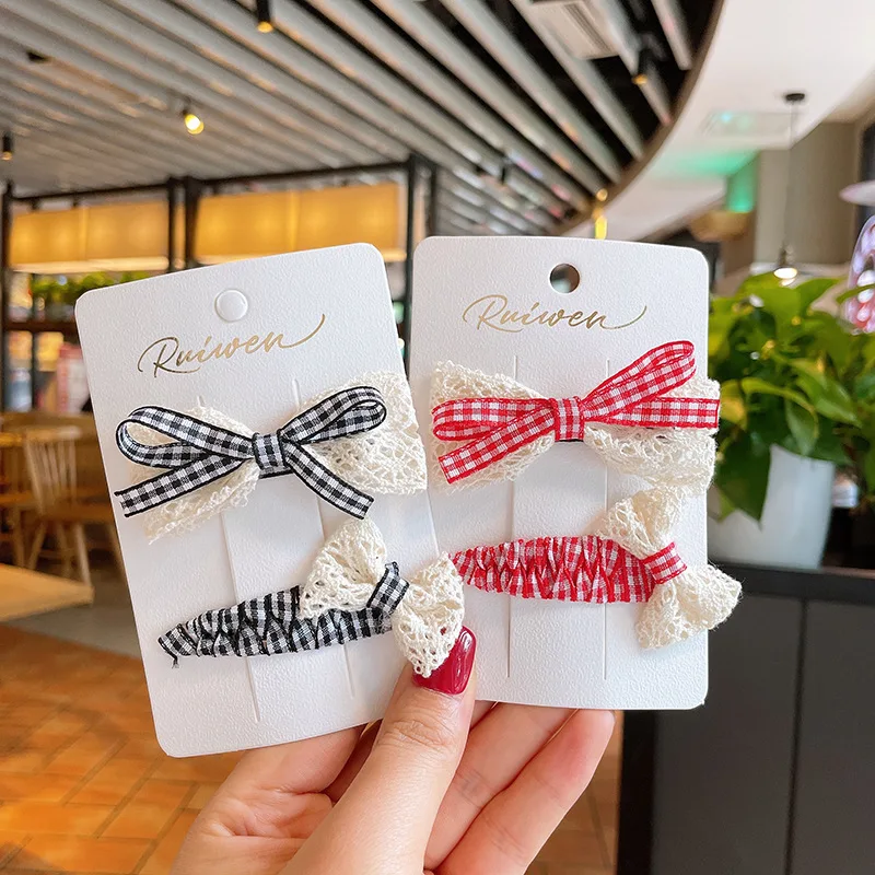

2pcs Plaid Lace Hairpins Women Girl Kid Bow Sweet Hairclip Hair Clip Pin Barrettes Hairgrip Hair Accessories
