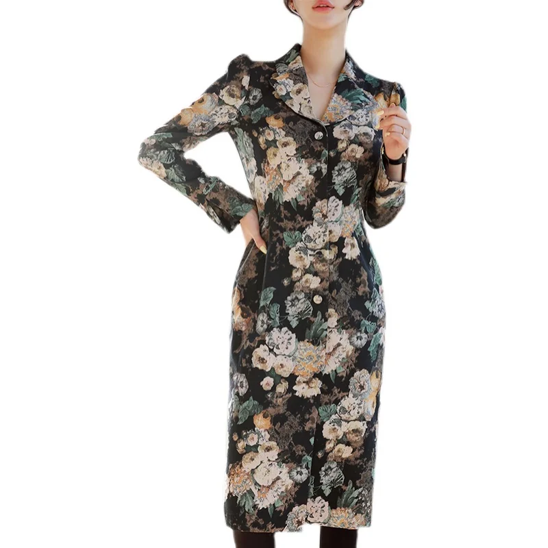 

Spring Autumn Women's Dresses Floral Print Single Breasted Turn Down Collar Long Sleeve Office Lady Women Dress with Belt