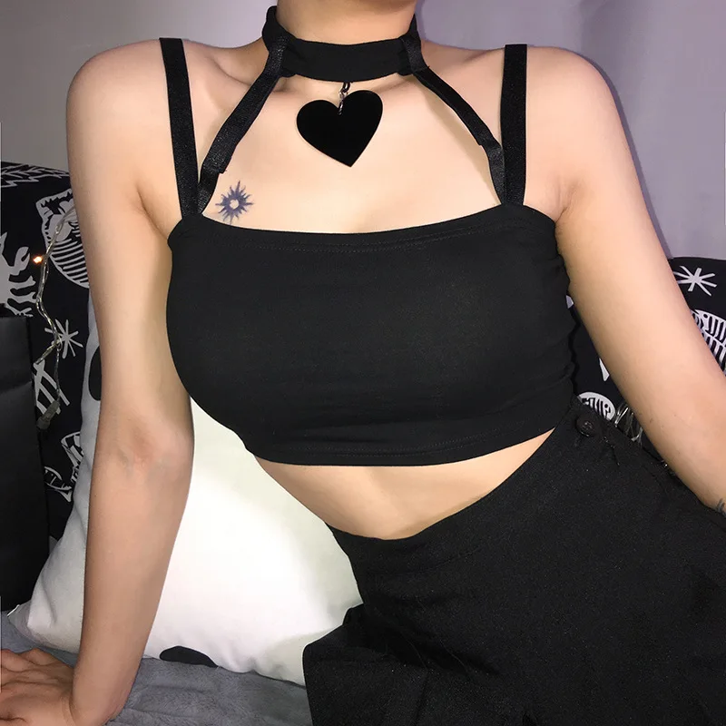 

Summer Women Tank Tops Sleeveless Hanging Neck Five-Pointed Star Pendant Exposed Navel Punk Top Sling Slim Female Fashion 2021
