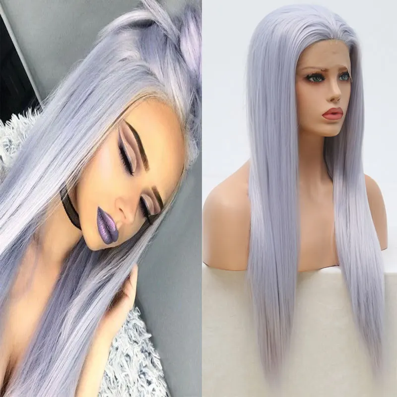 BM Straight Synthetic 13*4 Lace Front Wig Light Blue Grey Heat Resistant Fiber Hair Natural Hairline Free Parting For Women Wigs