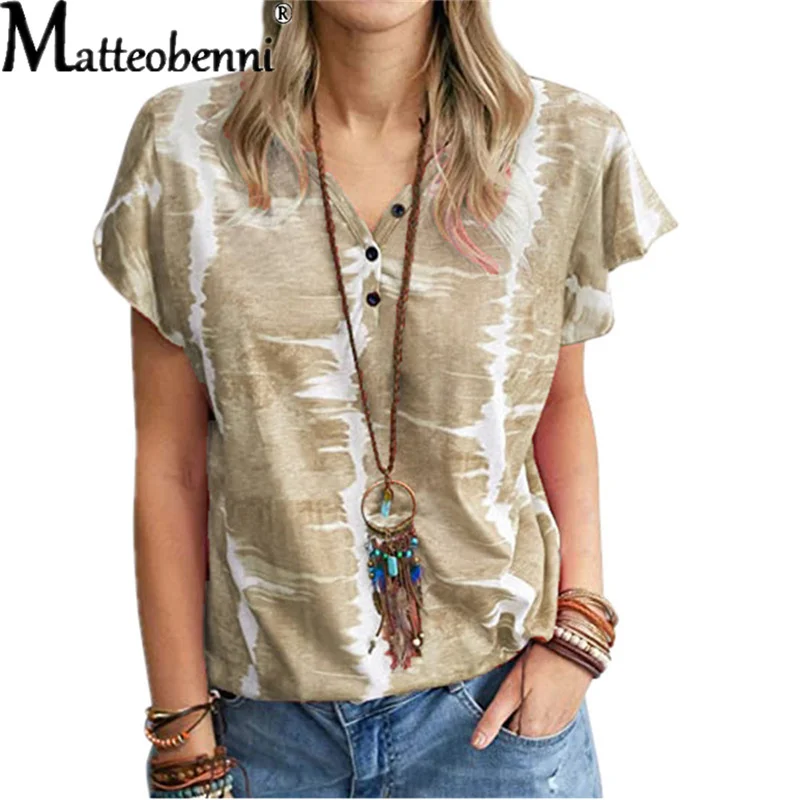 

2021 Summer Women's New Loose Fashion Printed Button V Neck T-Shirt Ladies Casual Pullover Tops Streetwear Women's T-Shirts