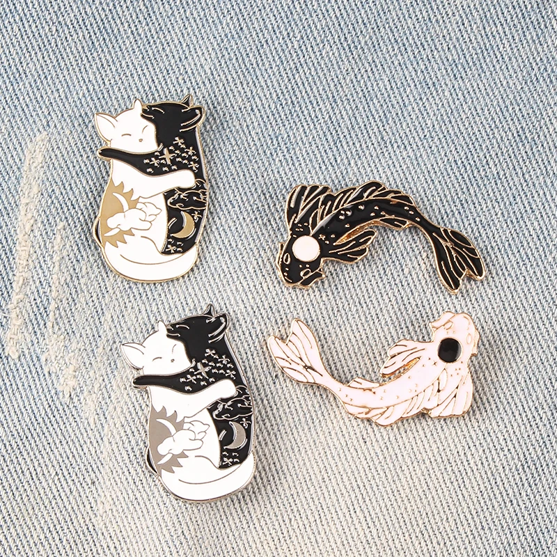 Инь и Ян эмалированная булавка Коллекция Черно белая кошка японская брошь с
