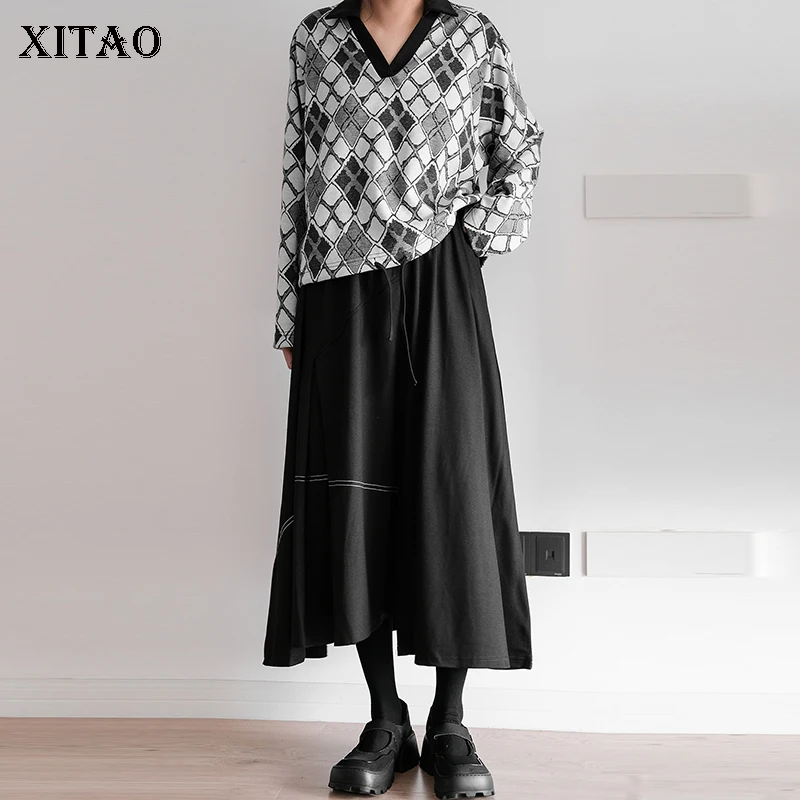 

XITAO Patchwork V-neck Print Argyle Bandage Loose Pullovers 2022 Spring New Arrival Casual Fashion Temperament All Match GWJ2718