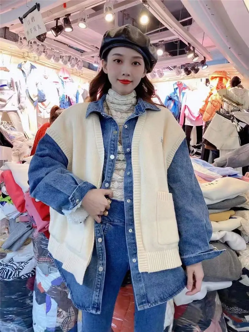 

Fall Winter New Plus Velvet Thick Lamb Cashmere Denim Shirt Stitching Knitted Vest Fake Two Jackets Vintage Mujer Chaqueta y1411