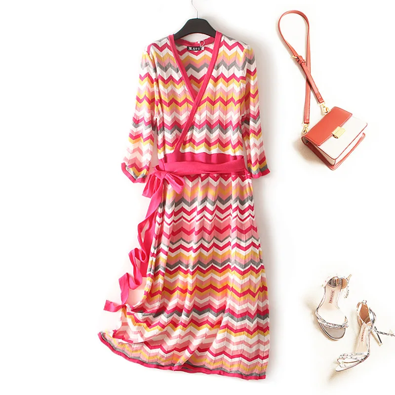 Женское платье в полоску с v образным вырезом Пуловеры Сезон весна лето осень