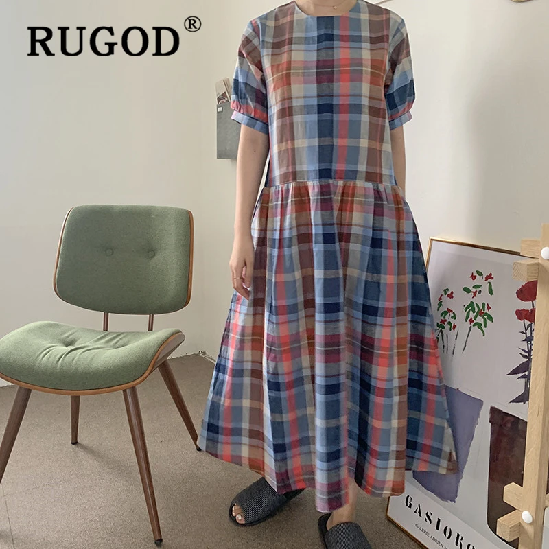 korean chic dress retro plaid long length dresses in stock now | Женская одежда
