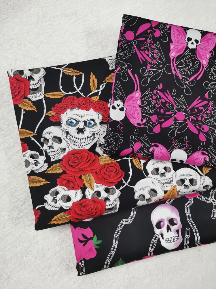 

3pcs 34cm X 25cm Butterfly Rose Flower Skull Cotton Fabric Patchwork Printed Quilting Sewing Material Bundle DIY Textile Tissue