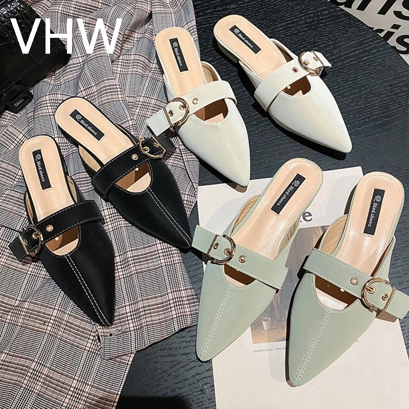 

2021 Summer New Women Slippers Brand Metal Buckle Fashion Slides Pointed Toe Mules Shoes Ladies Elegant Slides Outdoor Sandals