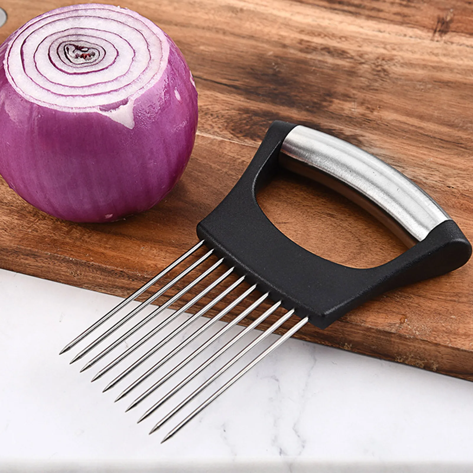 

Food Slice Assistant Onion Holder Stainless Steel Slicer Meat Fork Potato Tomato Cut Tools Holder Kitchen Utensil Gadgets