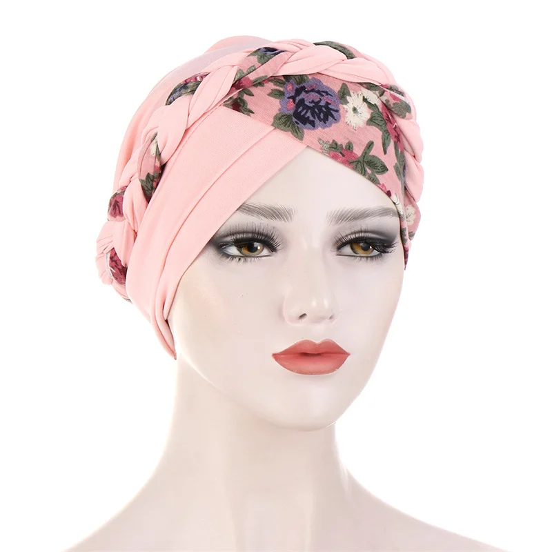 

New Autumn New Women Braid Turban Hat Flower Printed Cotton Headscarf Bonnet Forehead Cross African Muslim Hijabs Ready to wear